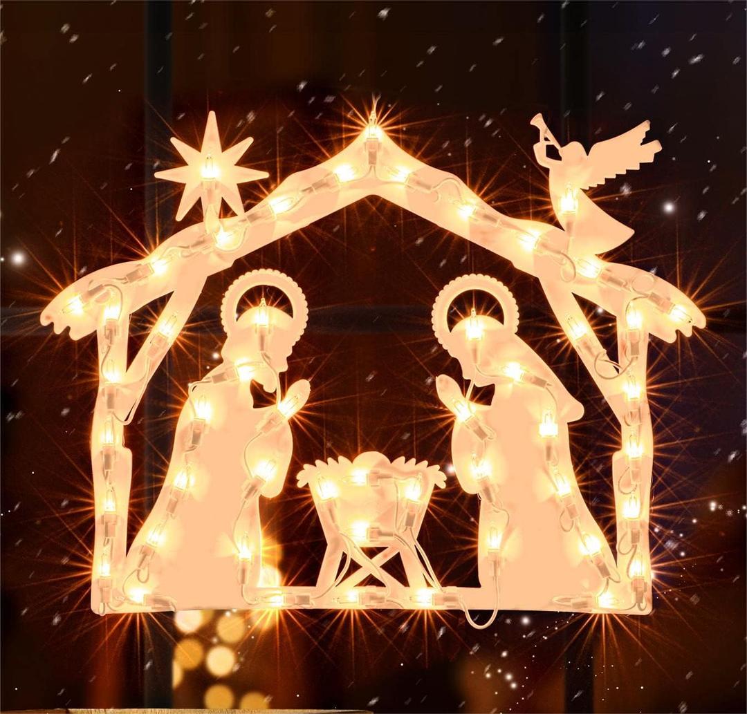 Christmas Window Silhouette Lights, Lighted Nativity Double Sided Decorations with 50 Count Incandescent Mini Light, for Holiday Indoor Wall Door Glass Decor
