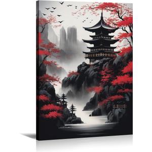 KPLUNDO Japanese Wall Art Asian Landscape Canvas Prints Red and Black Cherry Blossom Trees Picture Vintage Painting for Bathroom Living Room Bedroom Home Wall Decor(Art-1,16.00x24.00 inch)