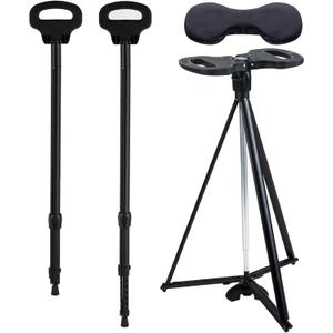 Walking Stick With Seat - Adjustable Portable Cane, Foldable Stool With 2 Bases, Pocket Storage Bag and Removable Cushion - Aluminum Lightweight Mobility Aid Crutch (Extendable, black)