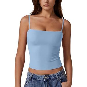 QINSEN Women's Double Lined Basic Tank Top Adjustable Spaghetti Straps Sleeveless Camisole Shirts (L)