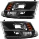 for 2009-2018 Dodge Ram Headlight Assembly compatible with 2009-2018 Ram 1500/2010-2018 Ram 2500 3500 Black Housing Amber Reflector Headlamp Replacement Left and Right