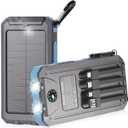 Solar Power Bank 20000mAh, Solar Charger Portable Phone Charger with 4 Built-in Cables, USB-C Fast Charging, Waterproof Battery Pack with Dual Flashlight for Camping Hiking Travel Storm Emergency