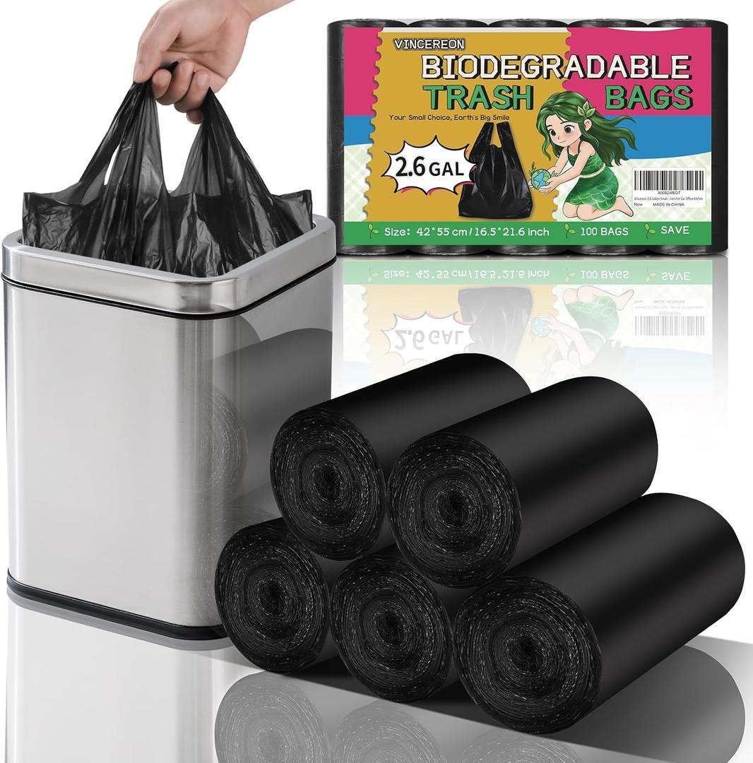 2.6 Gallon Small-Trash-Bag With Handles - Black Bathroom Mini Garbage Bags 100 Count Biodegradable 10 Liter Unscented Little Wastebasket Liners For Car Office Kitchen