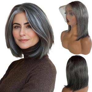 Belaved Grey Salt & Peppers 13x6 Bob Lace Front Wigs Human Hair No Shedding Short HD Straight Lace Frontal Real Human Hair 180% Density Pre Plucked Bleached Knots Glueless 12 Inch