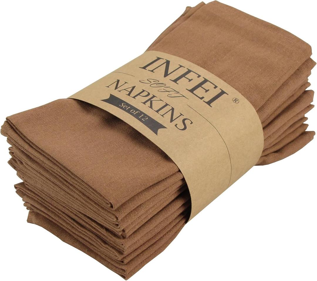 Solid Color Linen Blended Thin Dinner Cloth Napkins - Pack of 12 (40 x 40 cm) - for Events & Home Use (Coffee)