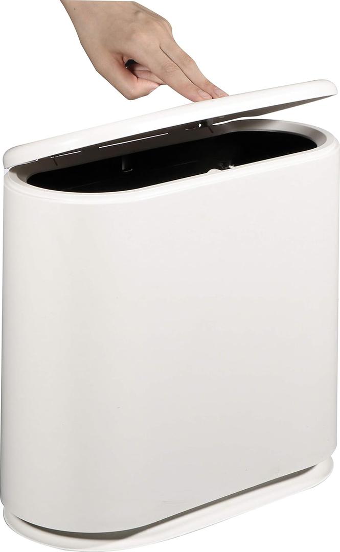 KLGO 2.4 Gallon Slim Plastic Trash Can Wastebasket,10 Liter Rectangular Double Barrel Garbage Container Bin for Bathroom,Bedroom, Kitchen and Office,Removable Liner Bucket,White