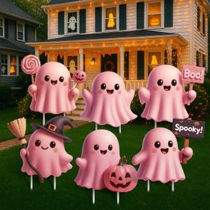 DoubleFill 6 Pcs Halloween Ghost Yard Signs Lawn Outdoor Decorations 3D Ghost Yard Stakes for Halloween Home Front Yard Garden Party Supplies (Pink)