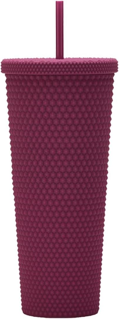 24oz Fully Studded Tumbler. Matte Burgundy Studded Tumbler with Lid and Straw. Reusable Double Walled Insulated Travel Tumbler. Plastic Acrylic Pastel Colored Tumbler Cup for Iced Coffee Smoothie.