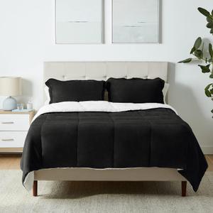 Amazon Basics 3-Piece Micromink Sherpa Bedding Set, Ultra-Soft, Warm All Season Comforter, Full/Queen, Black, Reversible