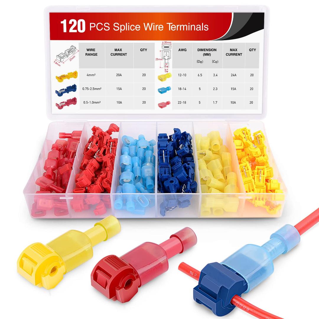 Nilight - 50004R 120 Pcs/60 Pairs Quick Splice Wire Terminals T-Tap Self-stripping with Nylon Fully Insulated Male Quick Disconnects Kit