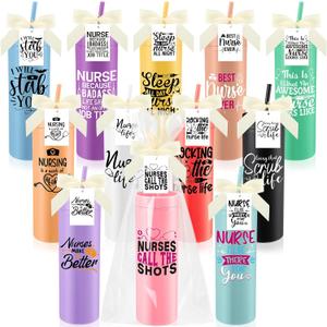 Jinei 12 Sets Nurse Appreciation Gifts Bulk, 16 oz Thank You Nurse Tumblers with Lids and Straws, Positive Cards with Bowknot for Women Men Holiday Office Party Favor(Artistic)