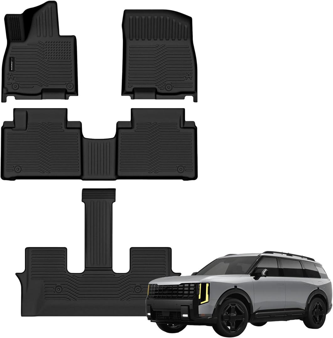 AUXKO All Weather Floor Mats for 2027 Kia Telluride Hybrid | High Wall,All-Weather,All Season,Odorless,Anti Slip,Rain&Salt Resistant,TPE Material,Black,Accessories,Pet Friendly