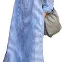 chouyatou Women Casual Long Sleeve V Neck Striped Shift Dress Loose Long Maxi Cotton Shirt Dress with Pocket (Medium, Blue)