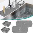 4 PCS Kitchen Sink Splash Guard and Soap Tray, Silicone Faucet Guard Mat Faucet Splash Catcher Sponge Holder with Drain Spout, Keep Kitchen Bathroom Sinks Countertop Soap Dry (grey) (Gray)