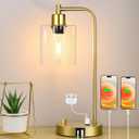 Gold Industrial Table Lamp with USB A+C Ports & Outlet, Fully Stepless Dimmable Modern Nightstand Lamp, Glass Shade Bedside Desk Lamp for Bedroom Living Room Office, 8W 2700K LED Edison Bulb Included