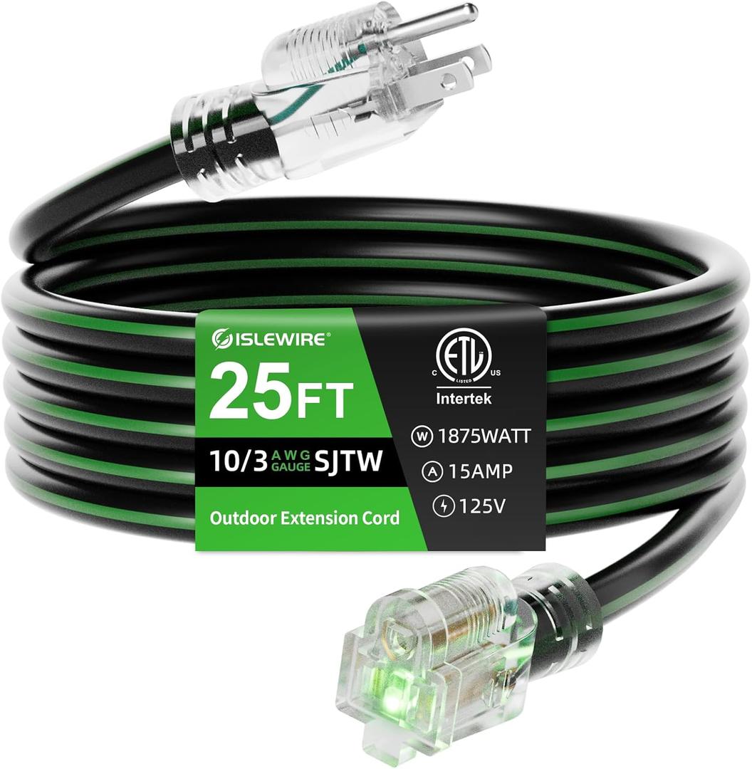 25FT 10/3 Outdoor Extension Cord, 10 AWG Ultra Heavy Duty 3-Prong SJTW, Waterproof, Flexible Cold-Resistant, Indoor/Outdoor, LED Lighted End, 15 Amp 1875W, Black & Green, ETL Listed