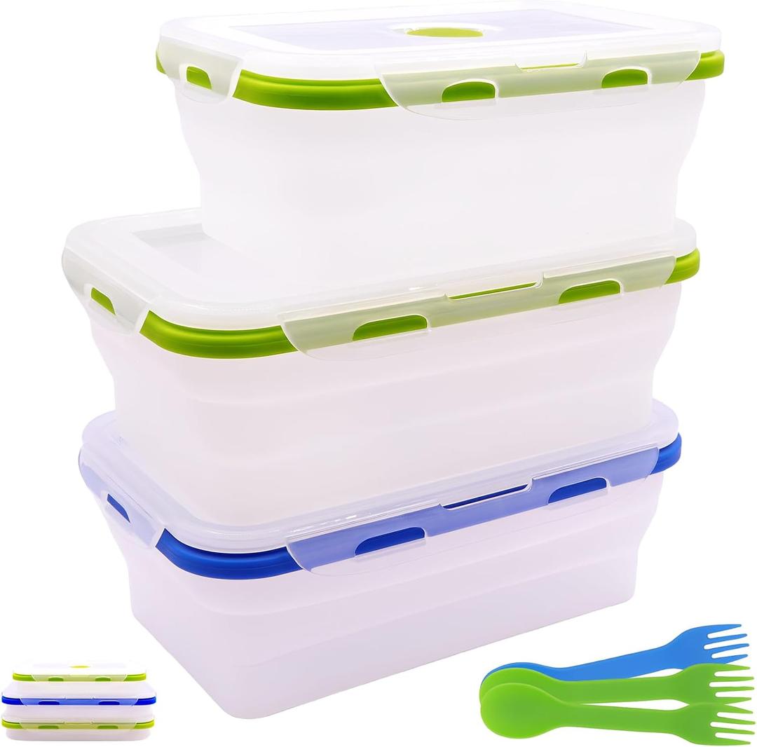 Collapsible Translucent Silicone Food Storage Containers With Lids, 3 Pack Foldable Bento Lunch Box, Reusable Medium Meal Boxes for Kitchen, Camping, BPA Free (40.6 OZ+40.6 OZ+27 OZ)