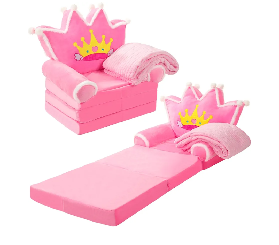 Gifts for Kids Couch 2 in 1 Toddler Couch Fold Out with Flannel Blanket Set Soft Princess Kids Chair for 1-3 Toddler Comfy Convertible Sofa to Lounger Bed for Reading Sleeping Decor(Pink and Purple) 2 Pair