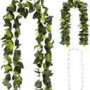 2 Pack Hawaiian Luau Maile and White Tuberose Lei Artificial Graduation Lei Leaf Flower Necklace for Wedding Hawaiian Graduation Party, 4.9ft