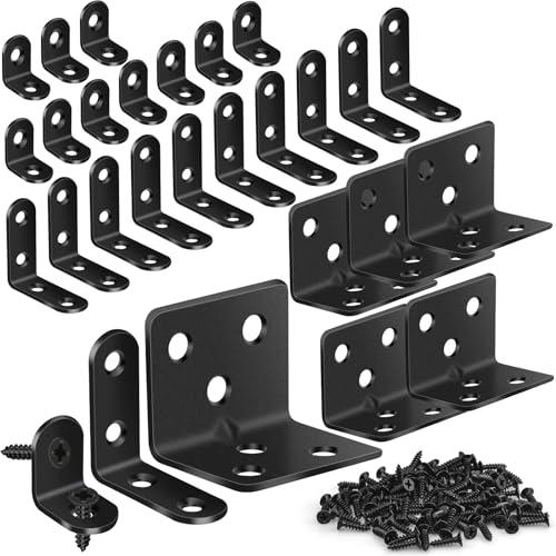 MAPVOLUT 25Pcs L Brackets for Shelves, 3 Sizes Angle Corner Braces Metal L Bracket Heavy Duty for Wood, Sturdy and Rustproof for Repairing Furniture with 82Pcs Screws Mounting Bracket Easily Black
