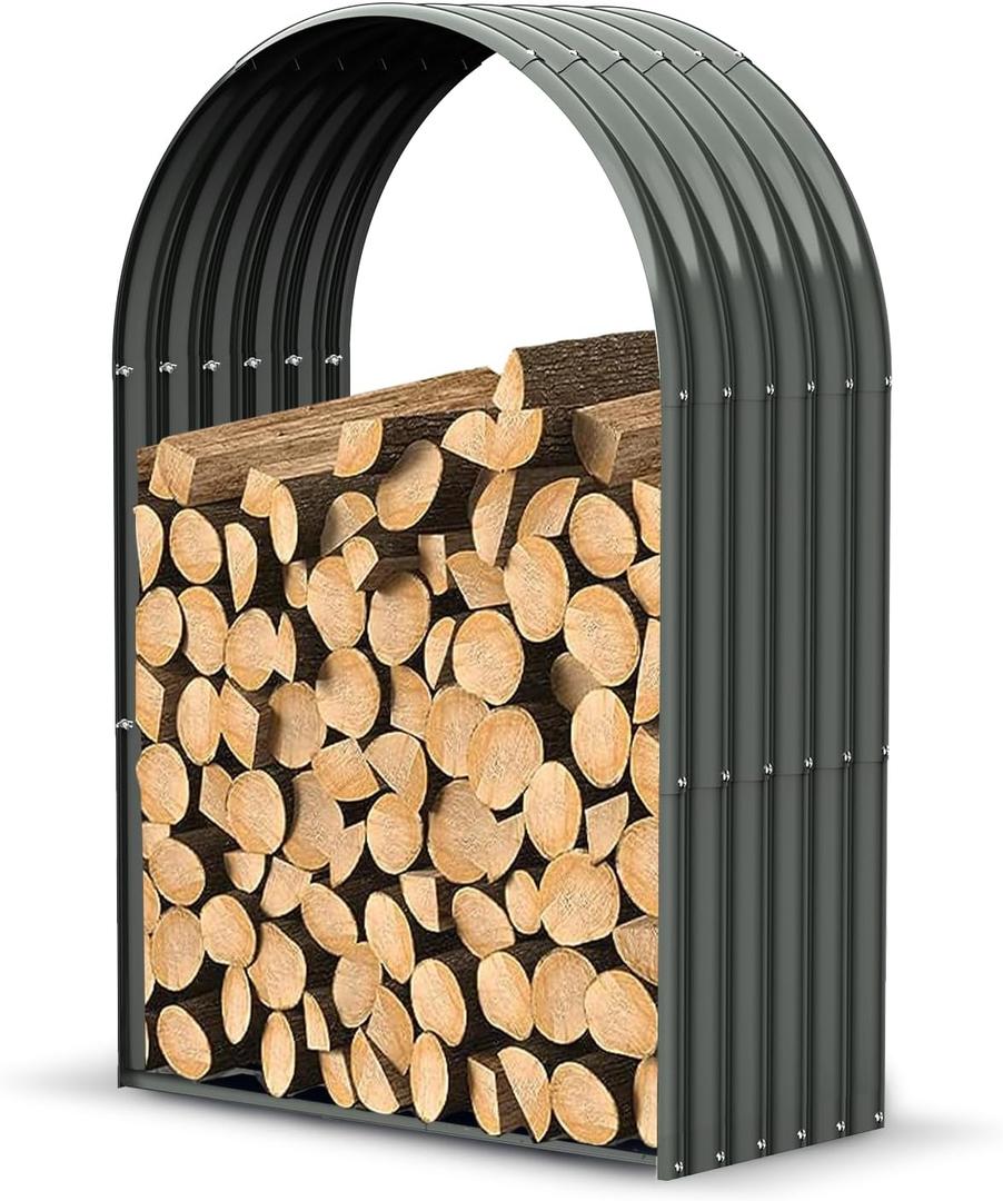 ANLEOLIFE Galvanized Steel Firewood Rack with Weatherproof Corrugated Roof (Shed-Style Log Storage), Heavy Duty Outdoor Log Holder, Rust Resistant, Arch Gray, 18"D x 36"W x 54"H