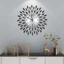 19.7 INCH Black Wall Clock for Living Room Decor,Non-Ticking Quiet Metal Petals Dial Glass Big Wall Clocks Black for Bedrooms Kitchen and Small Space Decoration