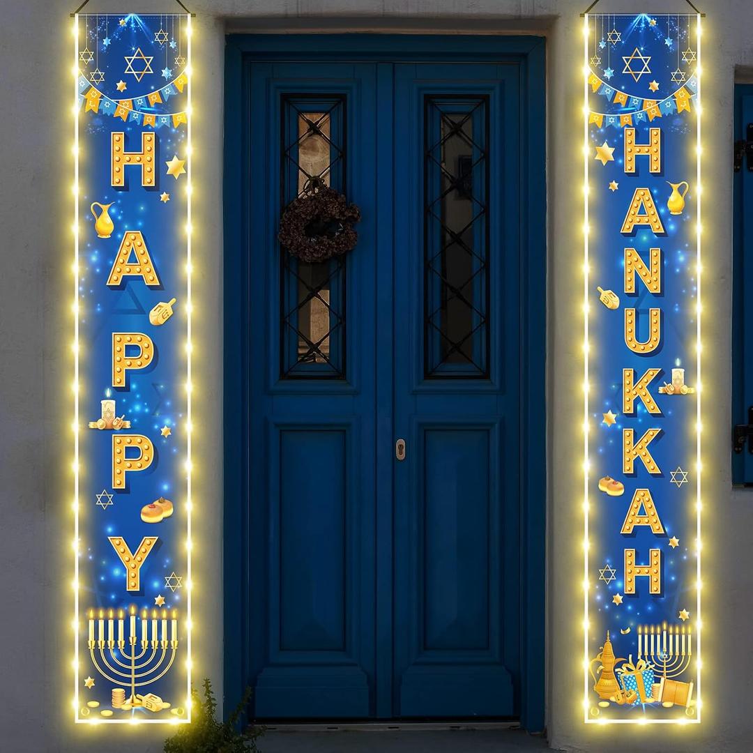 Happy Hanukkah Banner with String Light Hanukkah Porch Sign Banner Chanukah Porch Decorations Jewish Festival Holiday Celebration Decor Party Supplies for Indoor Outdoor Front Door (No Battery)