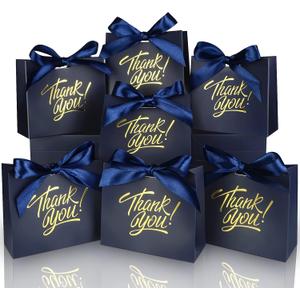 100 Pack Small Thank You Gift Bags, 4.5x1.8x3.9in Party Favor Bags Boxes with Bow Ribbon, Small Paper Gift Bags with Gold Foil Printed, Mini Candy Treat Bags for Birthday Wedding Party Holiday
