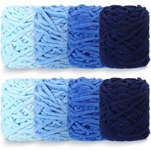 Buryeah 8 Pack Chunky Chenille Yarn for Crocheting Soft Thick Fluffy Yarn for Hand Knitting Bulky Velvet Blanket Plush for Weaving DIY Crafts Each 3.5 oz 55 Yards(Blue Series)