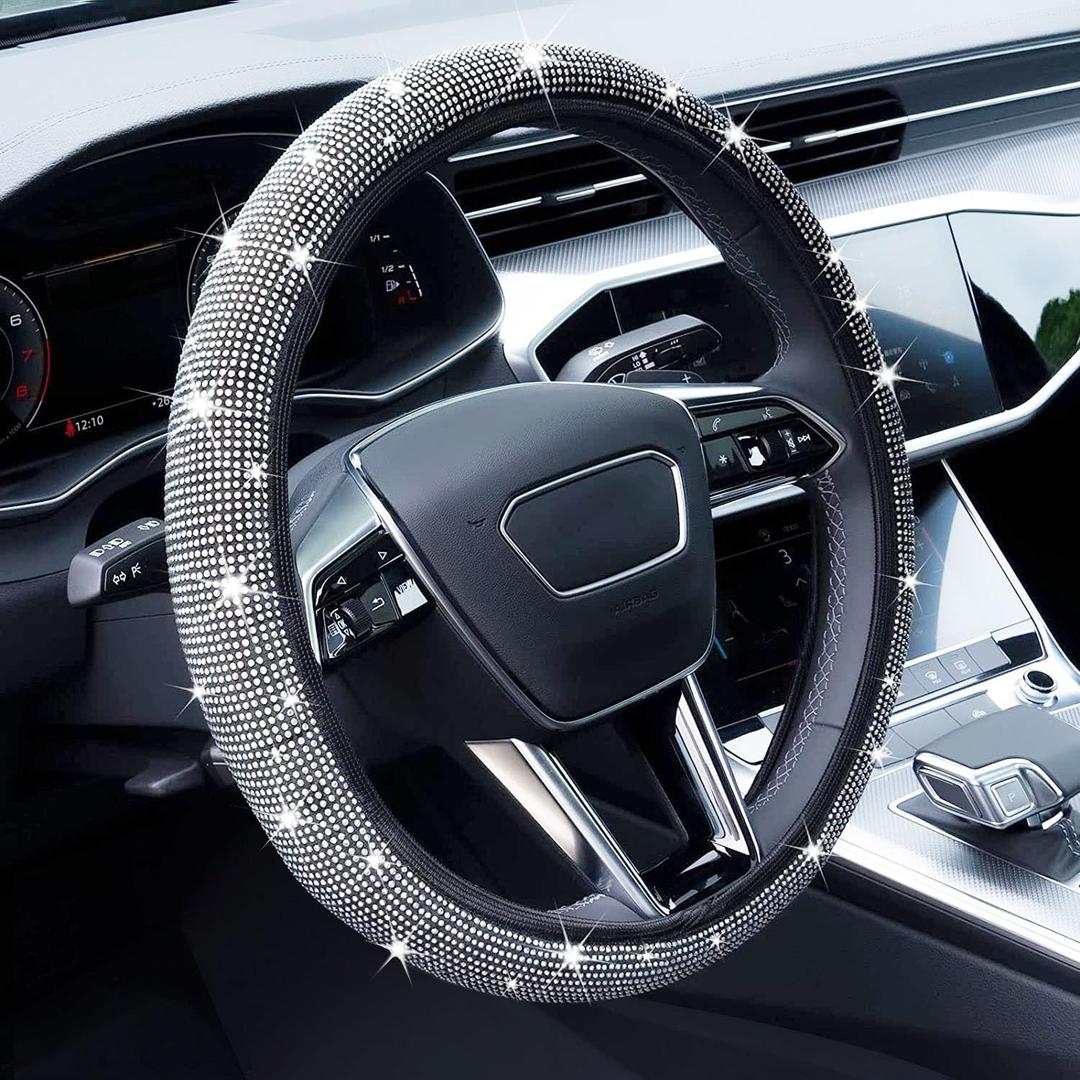 Bling Rhinestone Steering Wheel Cover with Crystal Diamond for Women, Sparkling Car Wheel Protector Universal Fit 14-15 inches - White