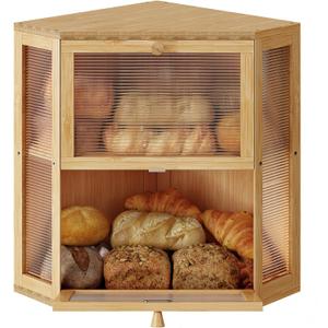 WOWLIVE Corner Bread Box for Kitchen Countertop, Double Layer Bamboo Bread Storage Container, Large Farmhouse Bread box with Acrylic Wavy Door Panel, Under Cabinet Organizer (Natural, Extra Large)