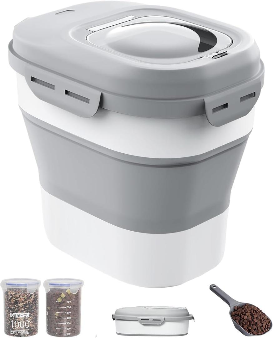 30-35 Lbs Dog Food Storage Container Collapsible Dog Food Container with Airtight Lids, Wheels, Scoop and 2pcs Food Storage Containers, Large Pet food storage for Dog, Cat (Light Grey)