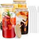 sungwoo 4PCS Glass Cups with Bamboo Lids and Straws, 16OZ Ice Coffee Cup, Drinking Cup set with Wooden Lids, Home Essential Glass Tumblers for Beer, Cocktail, Tea and Latte Clear