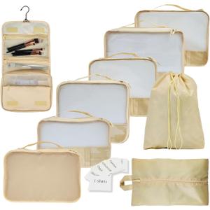 9 Set Packing Cubes - Suitcase Organizer, Cute Packing Cubes, Travel Bags Organizer for Luggage with Hanging Toiletry and Shoe Bag, Travel Essentials for Women, Men and Kids -Beige