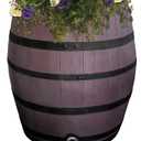 Rescue 50-Gallon Whiskey Rain Barrel with Black Bands  Includes Planter, Rain Water Diverter, Outlet Hose  Flatback Design  Brown