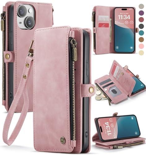 Defencase Compatible with iPhone 14 Case Wallet with RFID Blocking Card Holder for Women and Men, Fashion PU Leather Magnetic Snap Flip Zipper Strap Wallet Phone Case Fit for iPhone 14 6.1", Rose Pink