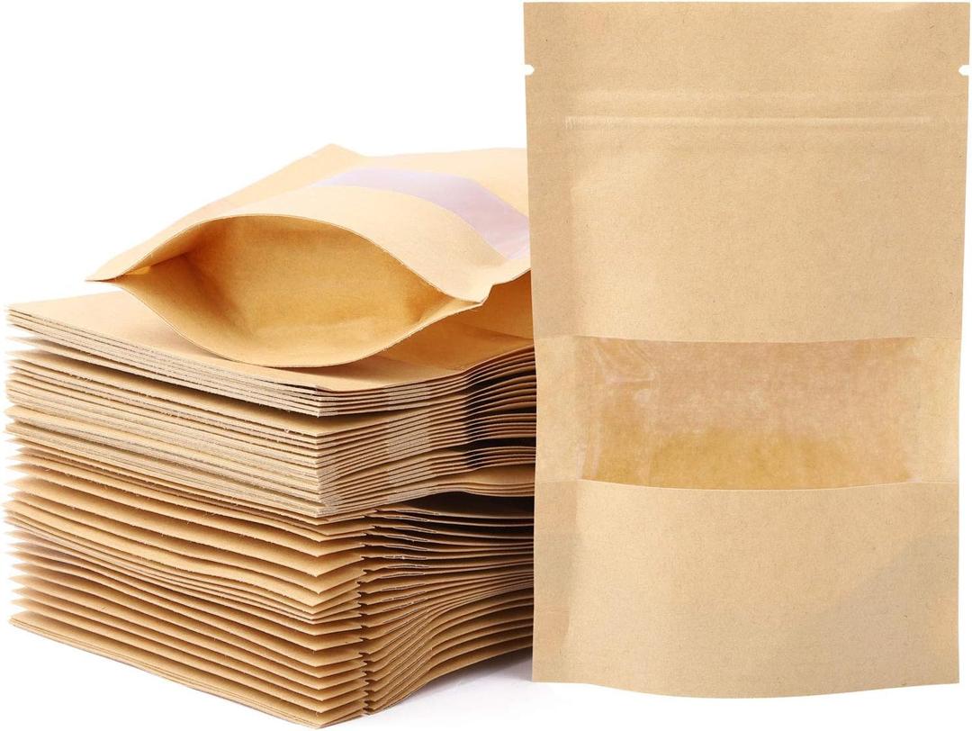100pcs 3.5 x 5.5 inch Kraft Paper Treat Bags with Window Ziplock Stand Up Pouches for Food Storage Cookies Snacks Tea Packing