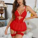 CRIPOM Women's Lingerie Dress Sexy Babydoll Lingerie for Women Hide Fat Belly Corset Bodysuit with Garter Red M