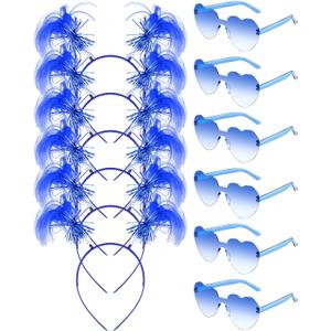 12 Pcs Pom Pom Headband Tinsel Wrapped Ponytail Headband with Heart Sunglasses Costume Halloween Cosplay Hair Party Accessory(Blue)