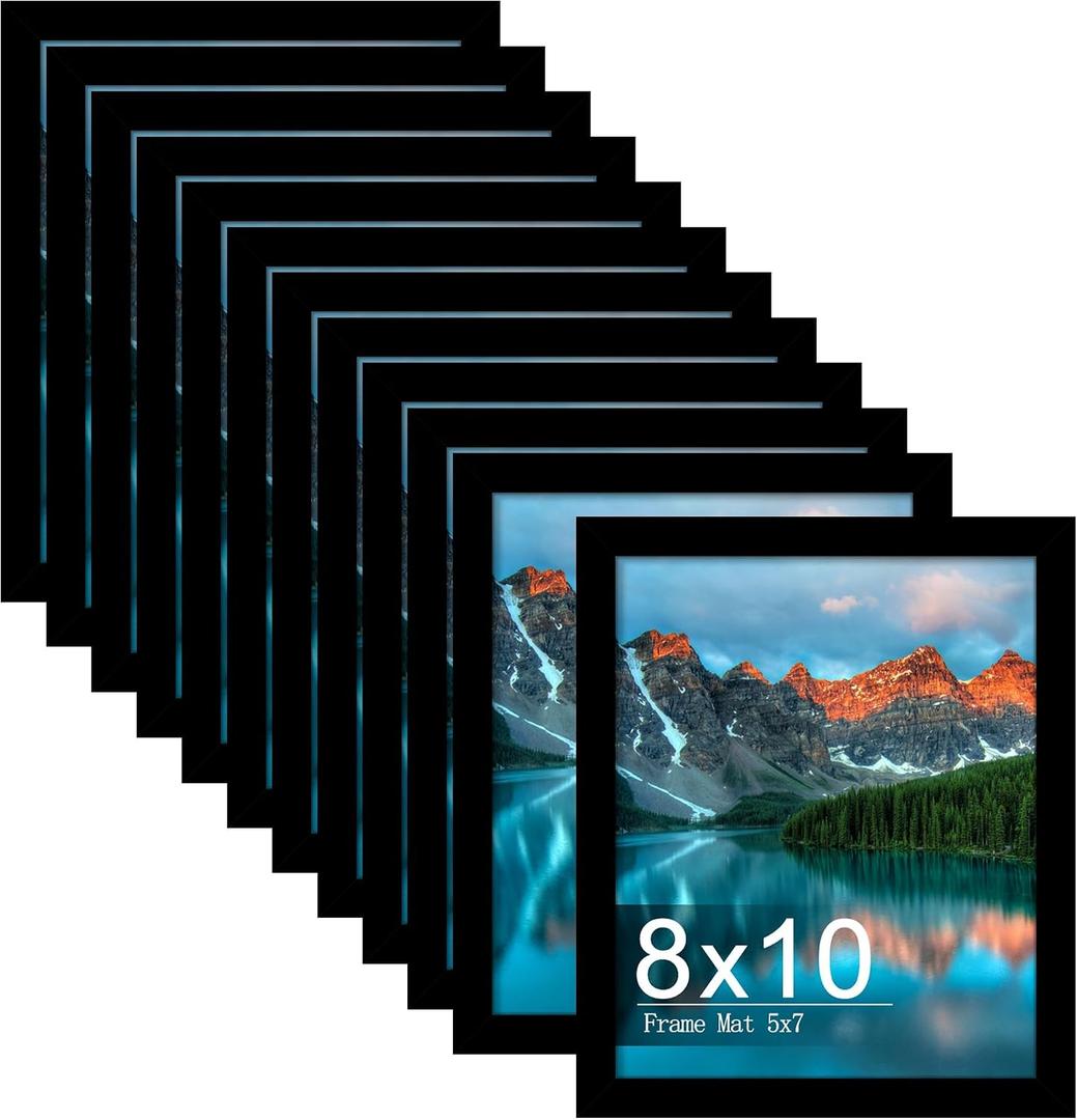 Picrit 8x10 Picture Frame Set of 12, Display 5x7 with Mat or 8x10 without Mat, Photo Frames for Wall Mounting or Table Top Display, Black