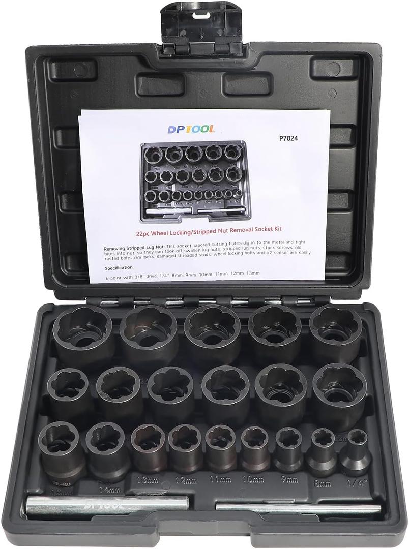 DPTOOL 22 Piece Bolt Nut Extractor Set, 1/2" and 3/8" Drive Impact Lug Nut Remover Socket Tool, Wheel Lock Removal Kit for Extracting  Stripped Frozen Nuts & Screws Twist Socket Set