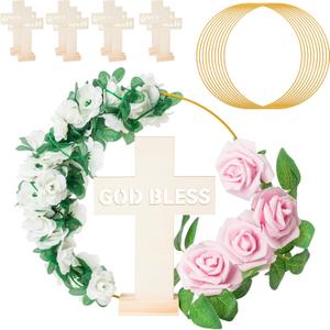 WATINC Gold Floral Hoop Metal Wreath with Standable Crosses and Fake Pink Roses, Standing Wooden Crosses Baptism Decoration for First Communion Baptism Craft Handmade Wedding Table Toppers Decor