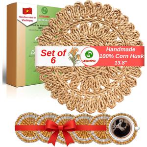 Handmade Round Woven Placemats Set of 6  Natural Corn Husk Woven Place Mats  Heat Resistant, Non-Slip Wicker Table Mats  Rattan Round Placemats  for Dining, Weddings, Christmas & New Year Dcor