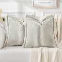 MIULEE Pack of 2 Olive Green Pillow Covers 20x20 Inch Striped Farmhouse Couch Spring Throw Pillow Covers with Fringe Chic Linen Decorative Cushion Covers for Sofa Living Room Bed Outdoor Home Decor