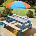 Kids 3-in-1 Sand & Water Table, Wood Outdoor Convertible Picnic Table w/Umbrella, 2 Trays, Removable Top with Faucet, Picnic Table for Outdoor Playset (Blue/Orange)