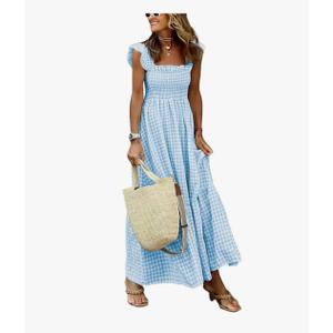 Women's Retro Plaid Smocked Dress Spaghetti Strap Flounce Long Dress Small