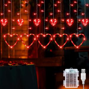 Hiboom Heart Curtain Lights,Romantic Love Window Lights,USB Plug and Battery Powered,123 LED 11 Love Heart Light up String Lights for Valentines Mother's Day Room Decoration(Red)
