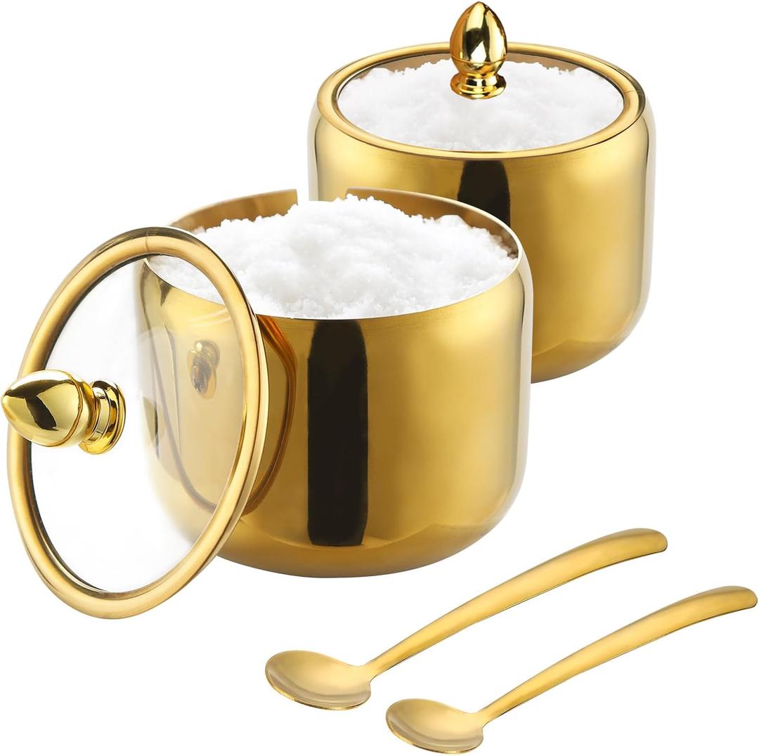 IBWell 10oz Sugar Bowl with Clear Lid and Spoon 2 Pack Gold Coffee Bar Containers for Kitchen Stainless Canister for Seasoning