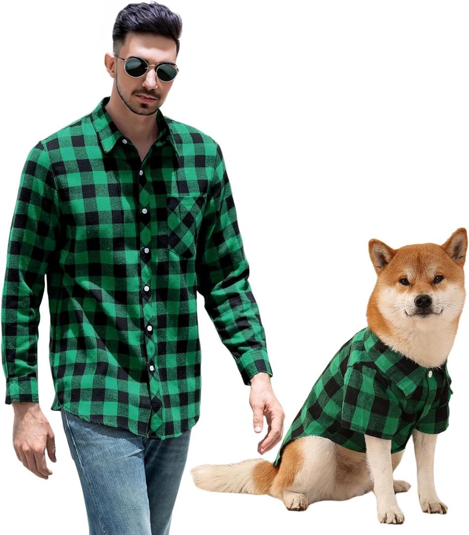 Dog Shirts Plaid Dog Shirt Dog Clothes for Small Medium Large Dogs Owner and Pet Shirts are Sold Separately (S-(1.5-5lb)-Chest~14.17" for Pets, Green&Black Only for Pets)
