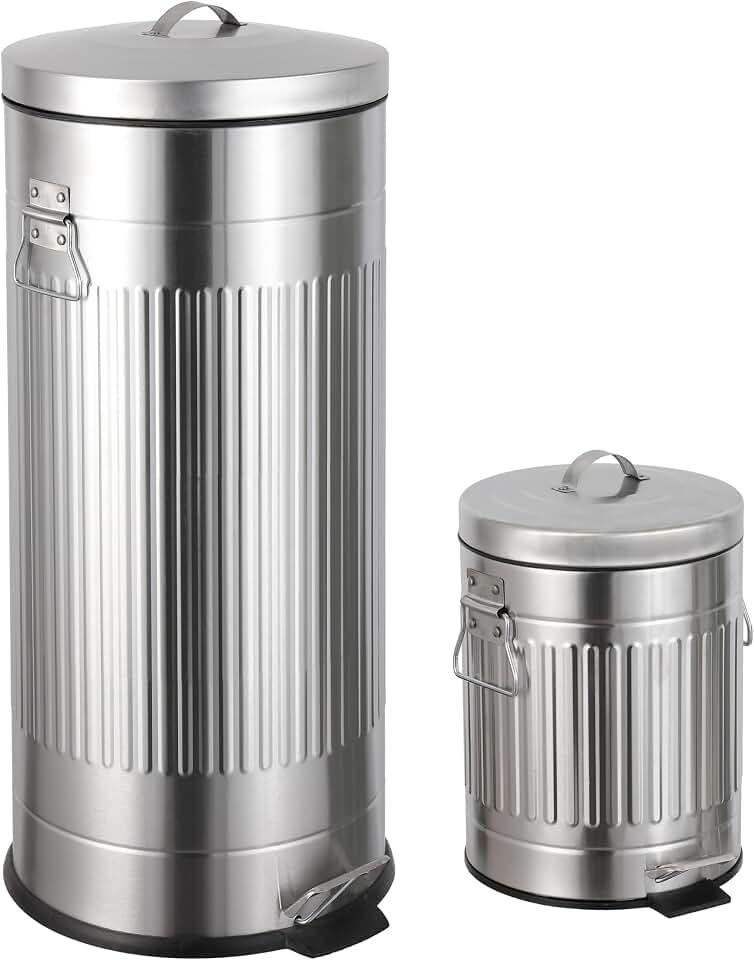 happimess happimess HPM1018E Theo Retro 8-Gallon Step Trash Can with Soft-Close Lid and Free Mini Trash Can for Home, Kitchen, Bathroom, Living Room, Office, Platinum Silver
